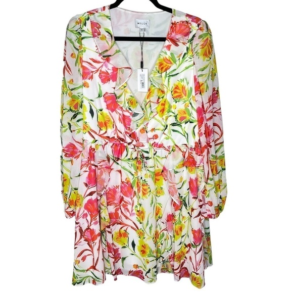 NWT Mini Dress Milly Nora Neon Botanical Ruffle Multi Color White Size 8 - Picture 2 of 16